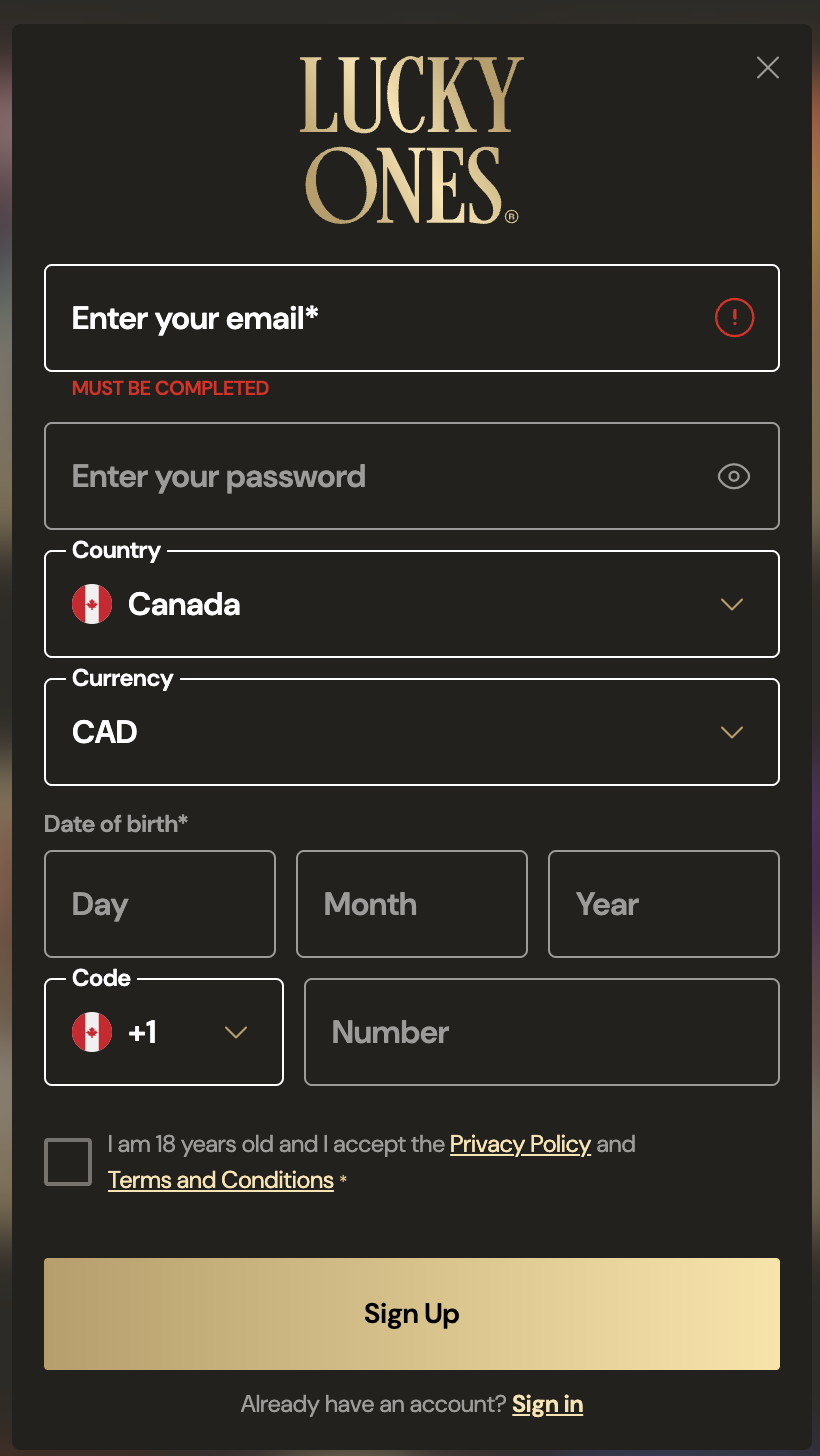 LuckyOnes Casino registration form with Canada country and CAD currency selected