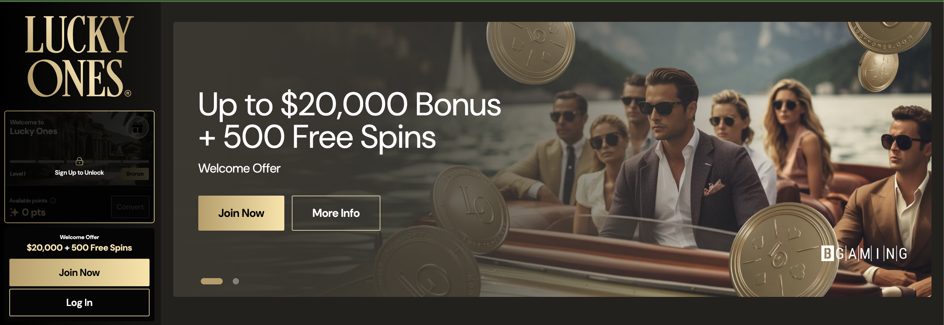 Bannière de l'offre de bienvenue LuckyOnes : jusqu'à 20 000 CAD de bonus plus 500 tours gratuits