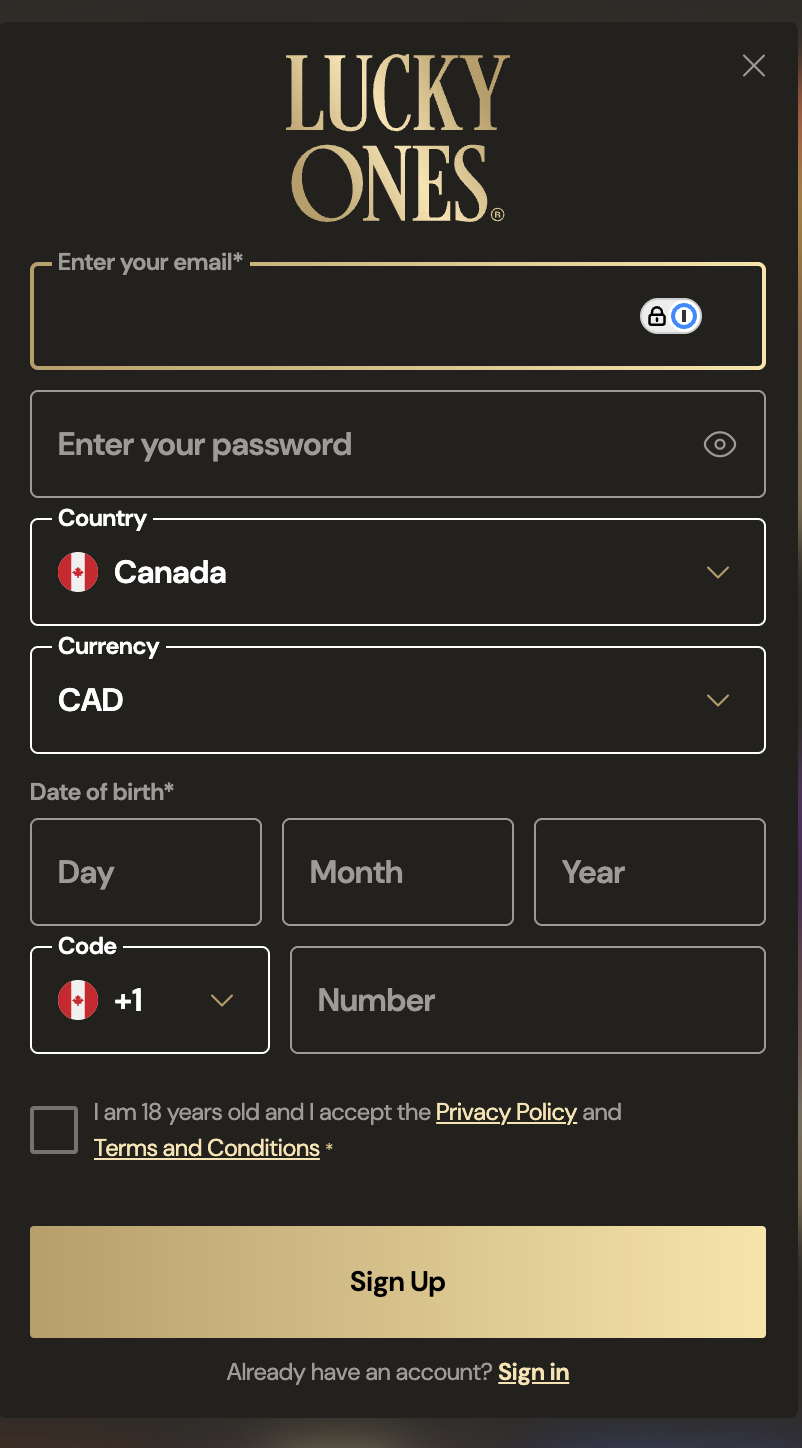 Formulaire d'inscription LuckyOnes Casino avec le pays Canada et la devise CAD