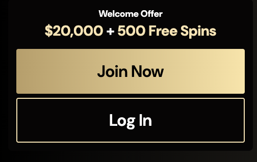 Widget de bienvenue mobile LuckyOnes Casino avec les boutons Rejoindre maintenant et Se connecter